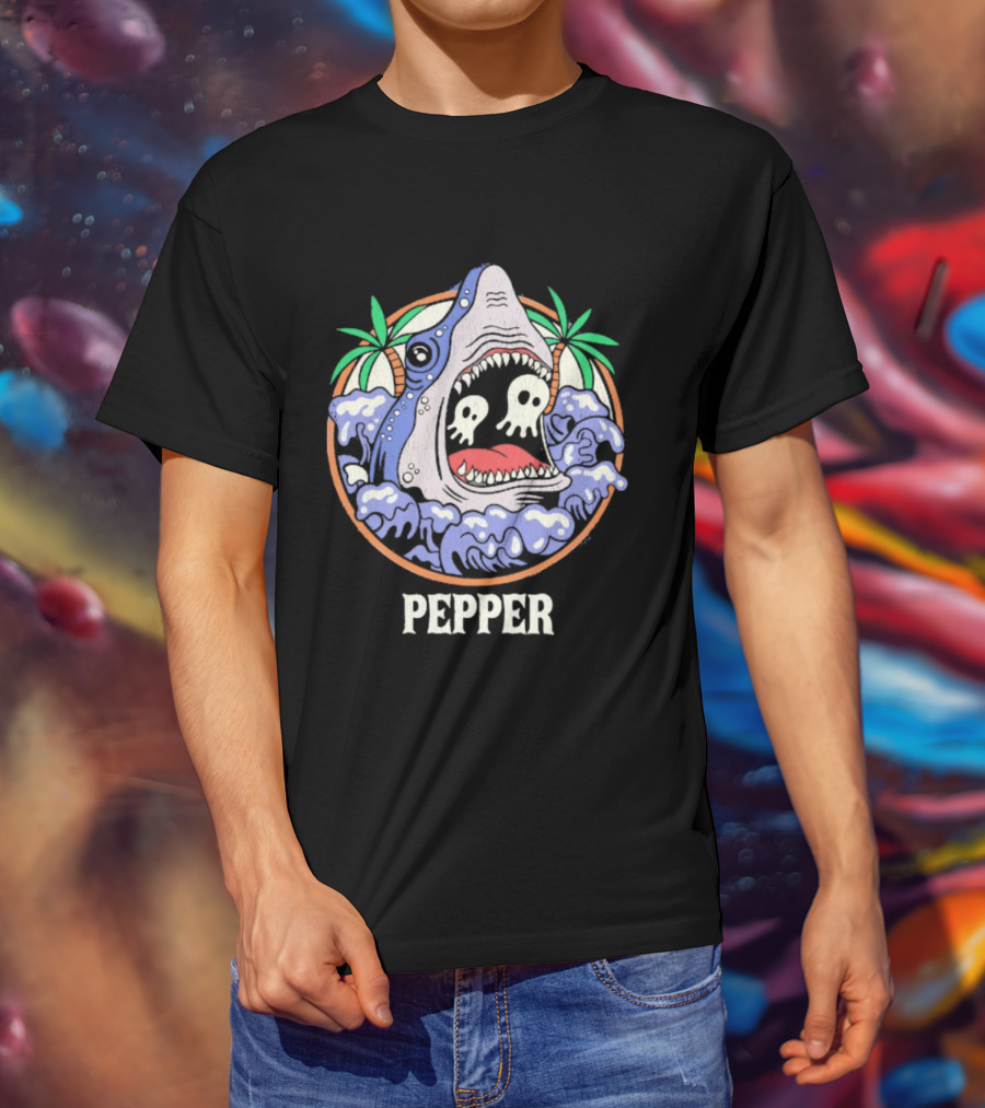 Skull-Waving Shark Attack Pepper Ocean Adventure T-Shirt