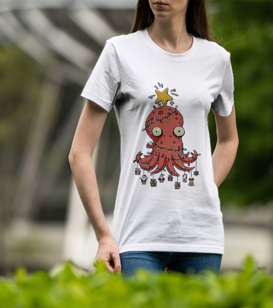 Christmas Octopus Tree Wrapped In Light Cords With Star And Decorations T-Shirt