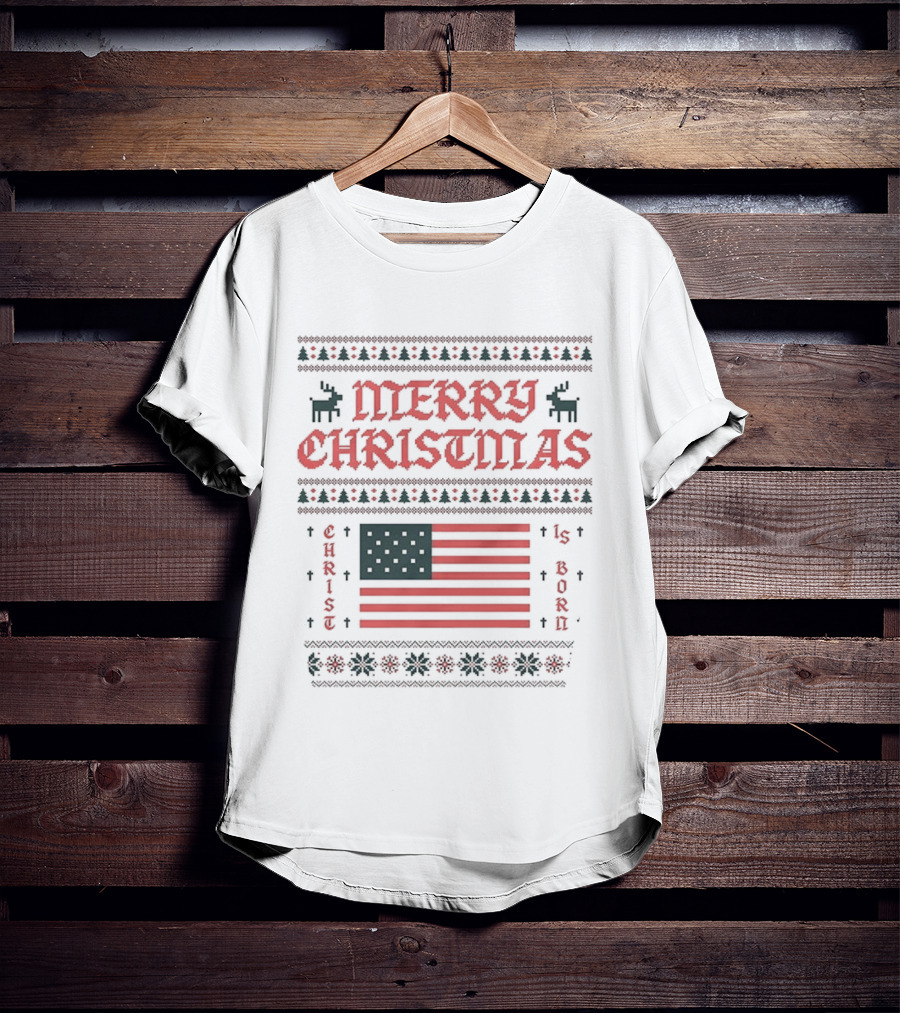 Merry Christmas 2025 American Flag Ugly Christmas Pixel Reindeer Stars Stripes T-Shirt