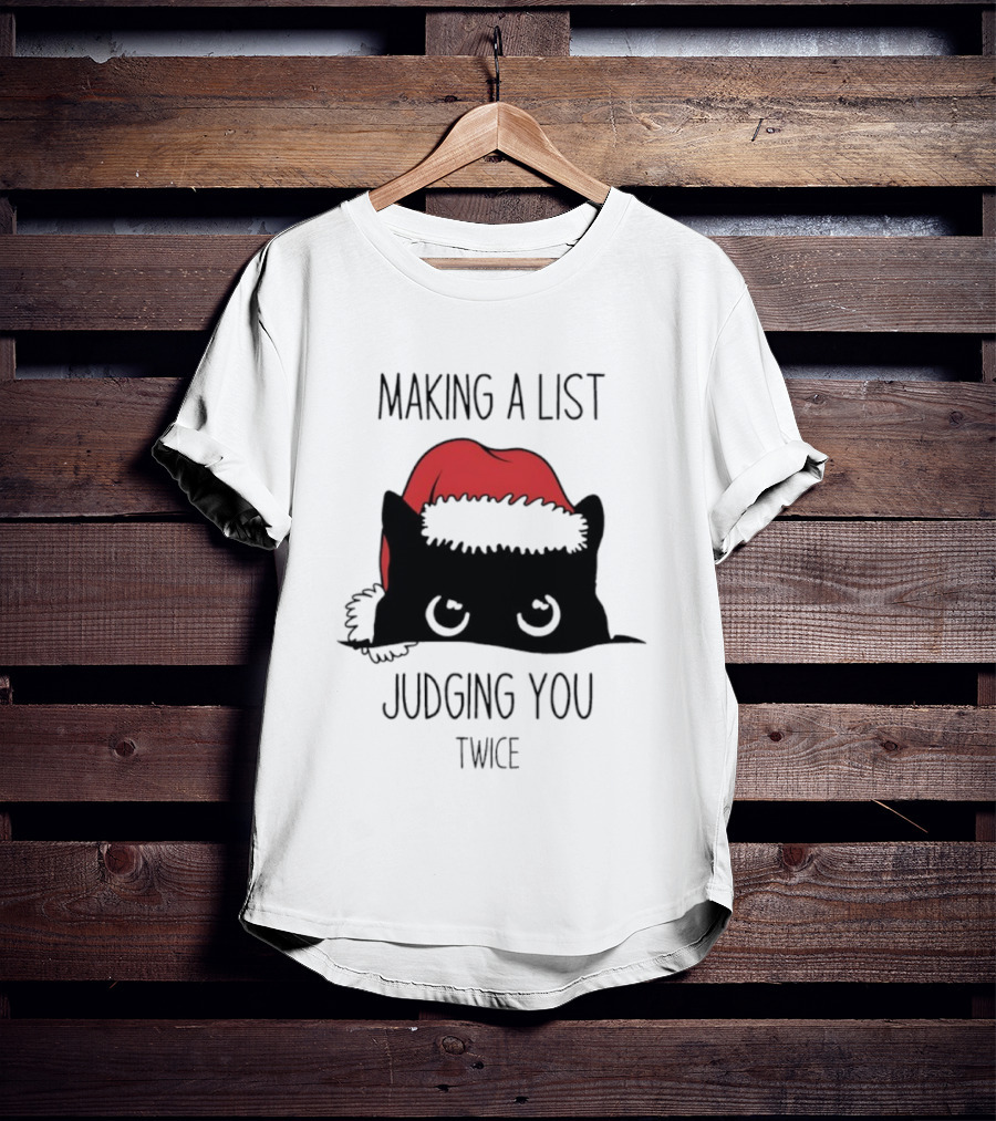 Black Cat Christmas Making A List Judging You Twice Santa Hat T-Shirt