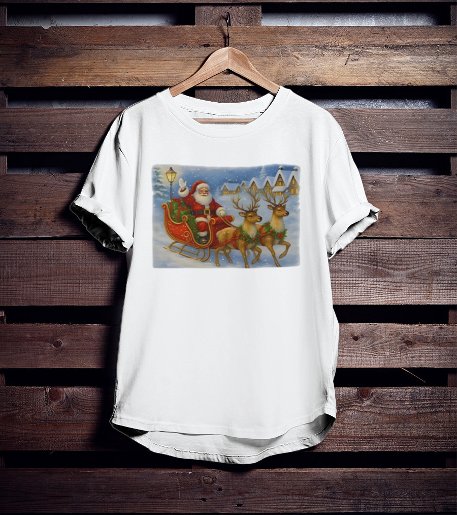 Santa Sleigh Reindeer Snowy Christmas Scene T-Shirt