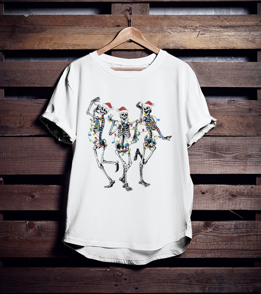 Skeletons Dancing Santa Hats Christmas Lights Holiday Fun T-Shirt