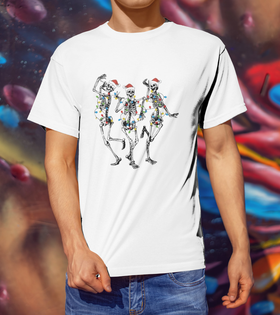 Skeletons Dancing Santa Hats Christmas Lights Holiday Fun T-Shirt
