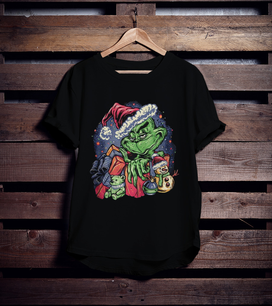 Grinch A Grumpy Present Cartoon Christmas With Santa Hat And Holiday Toys T-Shirt
