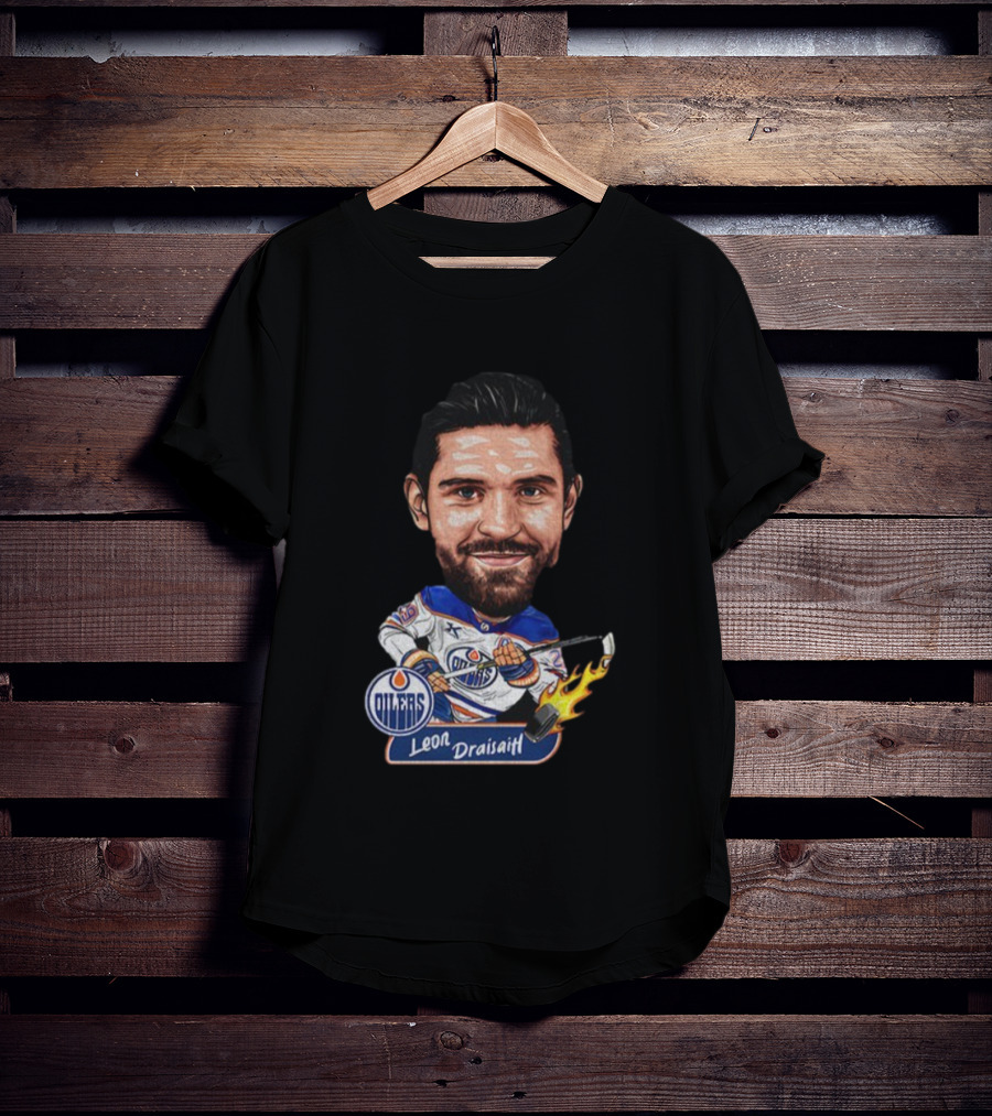 Edmonton Oilers Hockey Leon Draisaitl Caricature Flames Stick T-Shirt