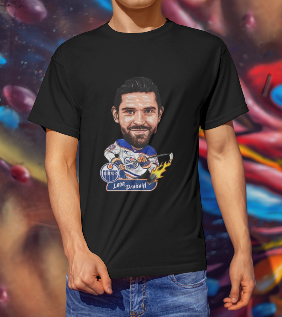 Edmonton Oilers Hockey Leon Draisaitl Caricature Flames Stick T-Shirt