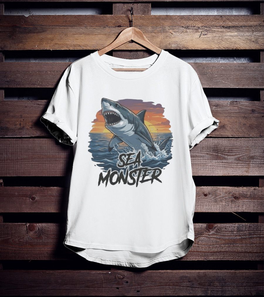 Rawwfishing Sea Monster Shark Sunset Ocean Scene T-Shirt