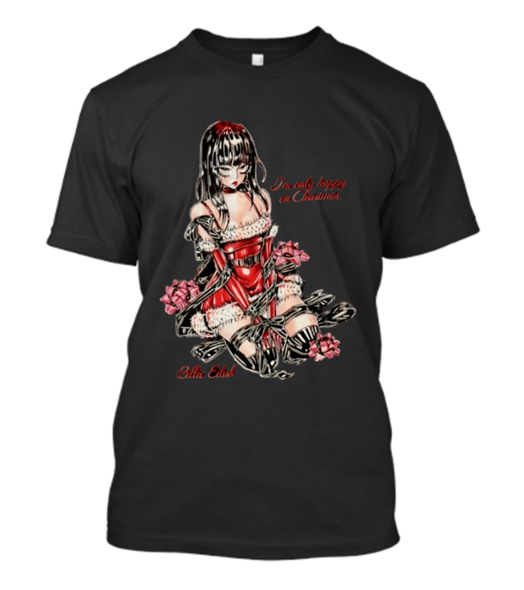 Billie Eilish I'm Only Happy On Christmas Red Outfit Wrapping Ribbon T-Shirt