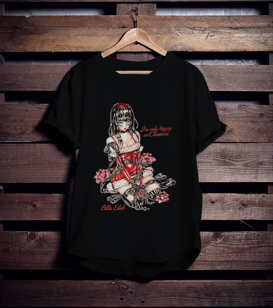 Billie Eilish I'm Only Happy On Christmas Red Outfit Wrapping Ribbon T-Shirt