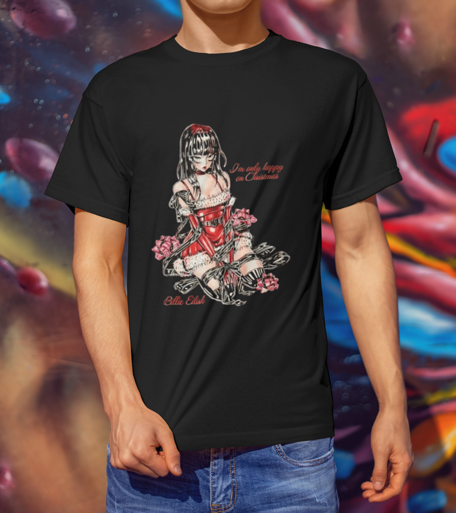 Billie Eilish I'm Only Happy On Christmas Red Outfit Wrapping Ribbon T-Shirt