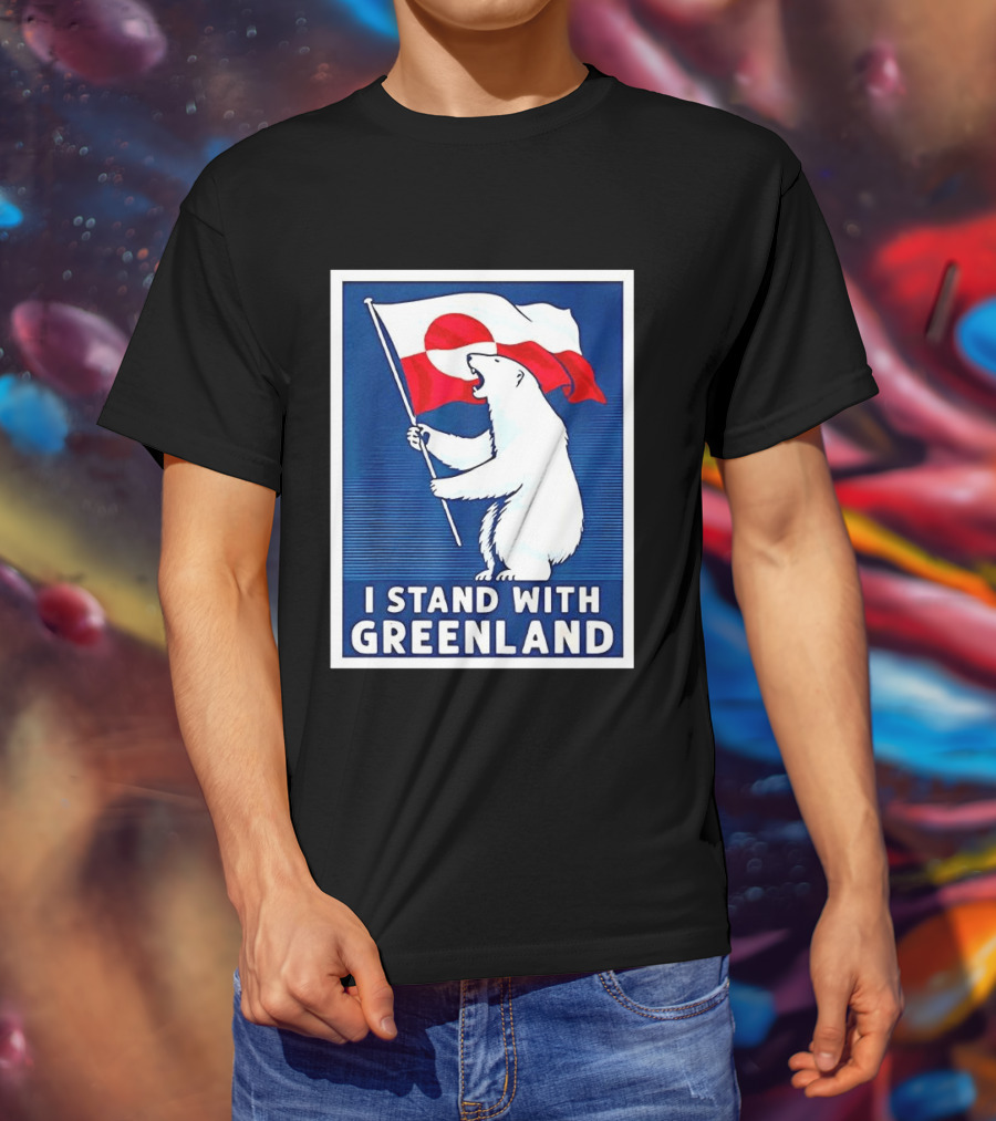 I Stand With Greenland Polar Bear Holding Flag Solidarity Banner T-Shirt