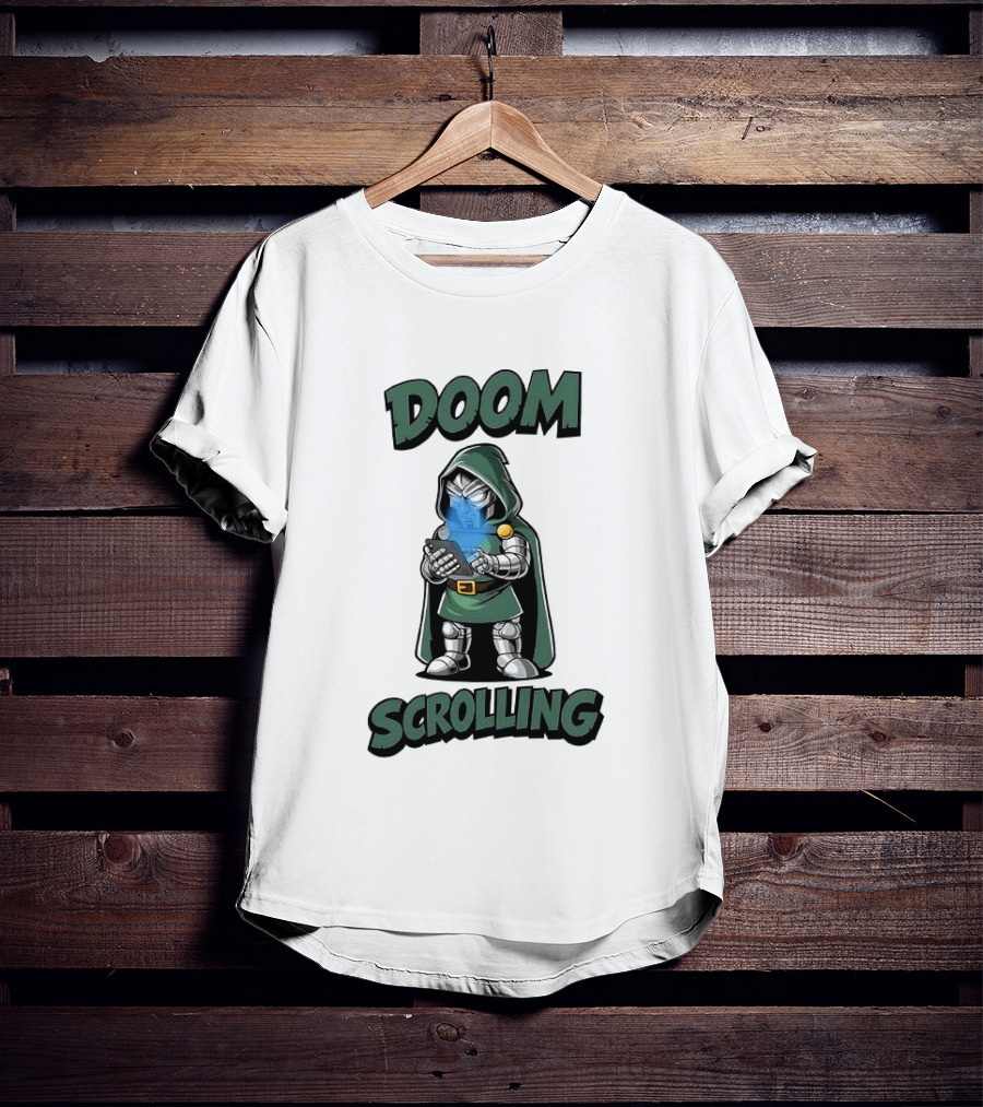 Doom Scrolling Dr Doom Comic Character With Phone T-Shirt