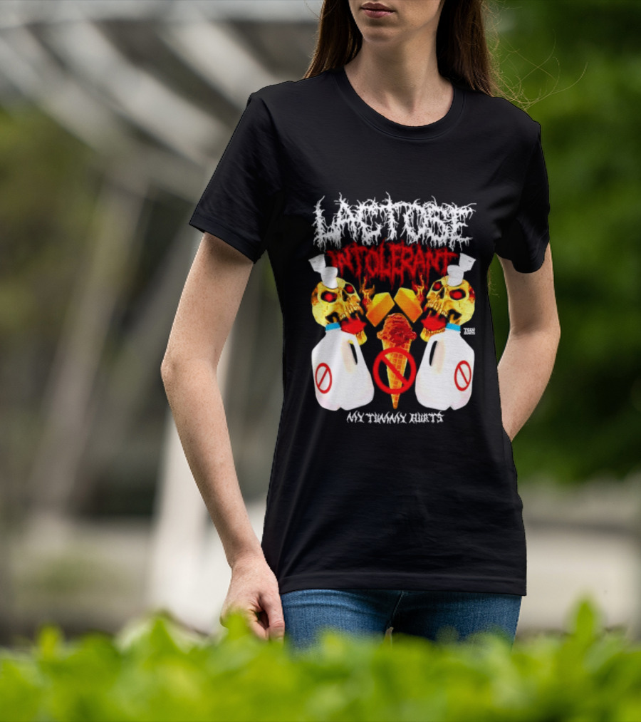 Lactose Intolerant Skulls Milk Jugs No Ice Cream My Tummy Hurts T-Shirt