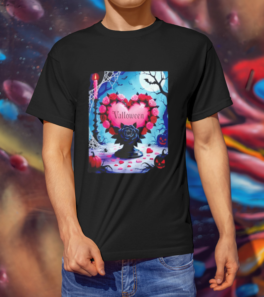 Valloween Romance And Menace Heart Rose Candle Moonlit Halloween T-Shirt