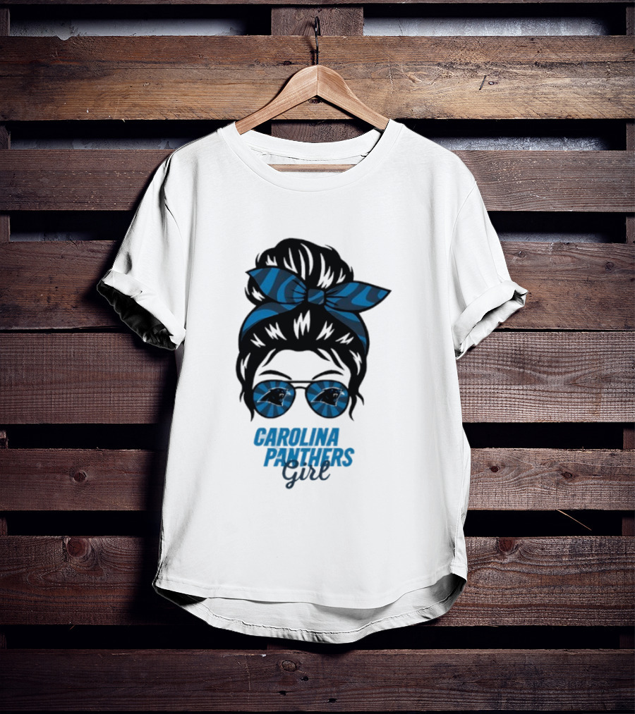 Carolina Panthers Girl Messy Bun Glasses Blue Bow Fan T-Shirt