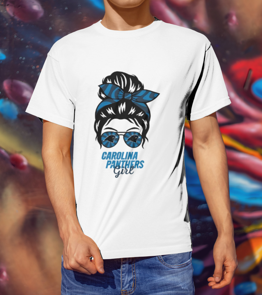 Carolina Panthers Girl Messy Bun Glasses Blue Bow Fan T-Shirt