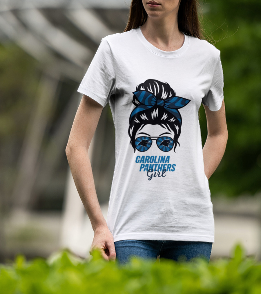 Carolina Panthers Girl Messy Bun Glasses Blue Bow Fan T-Shirt