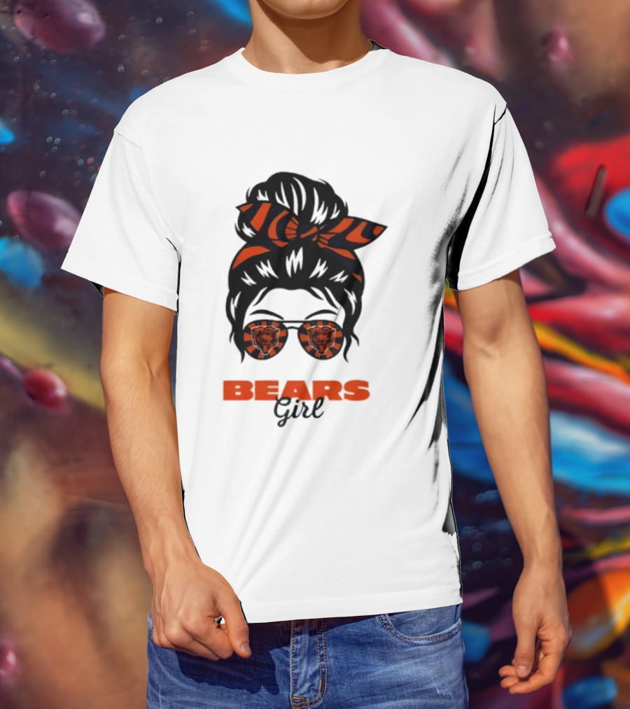 Chicago Bears Girl Messy Bun Glasses Football Fan T-Shirt