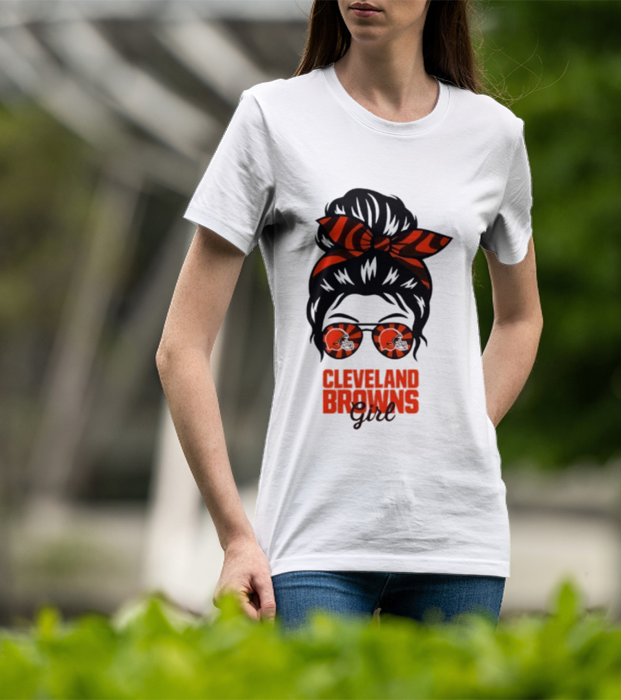 Cleveland Browns Fan Messy Bun Sunglasses T-Shirt