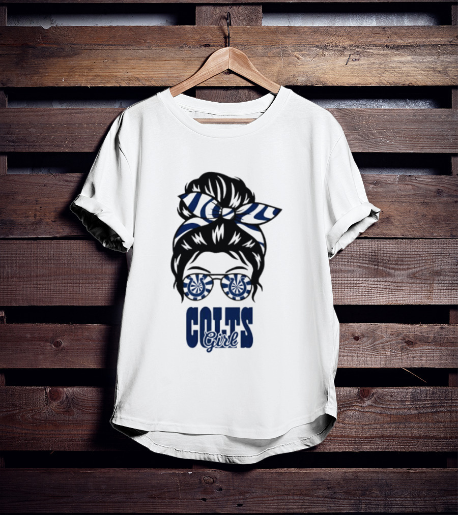 Indianapolis Colts Fan Messy Bun Glasses T-Shirt