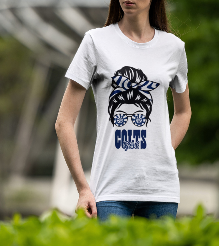 Indianapolis Colts Fan Messy Bun Glasses T-Shirt