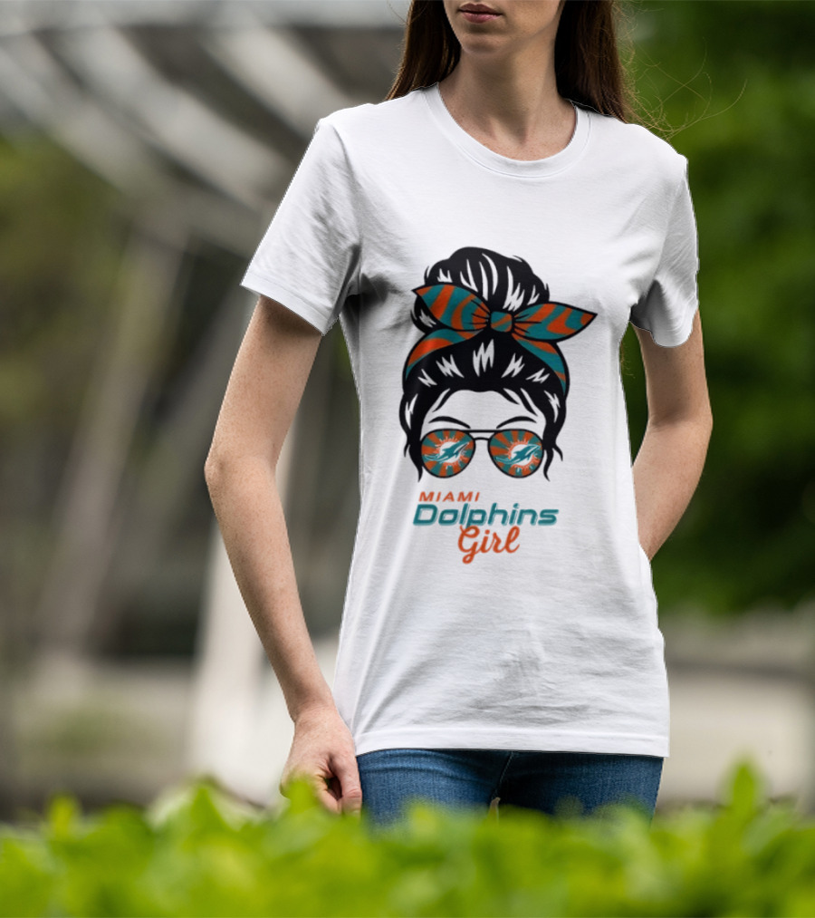 Miami Dolphins Girl Messy Bun Glasses Bow Fan Merchandise T-Shirt