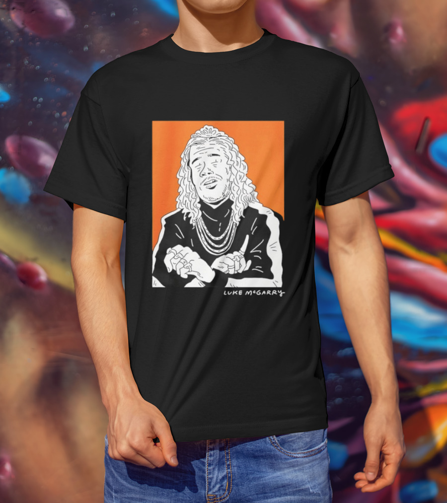 Luke McGarry Cartoon Character With Long Hair And Chains On Orange T-Shirt