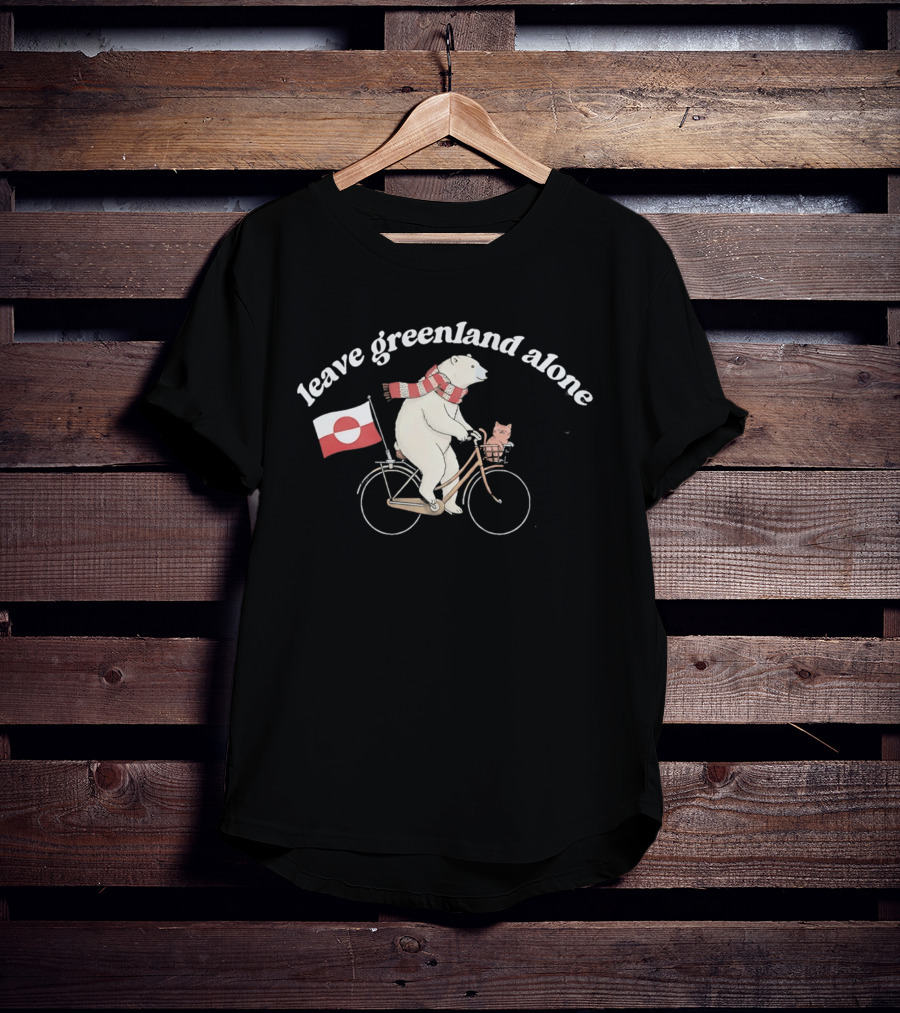 Leave Greenland Alone Bear On Bicycle With Greenland Flag And Scarf T-Shirt