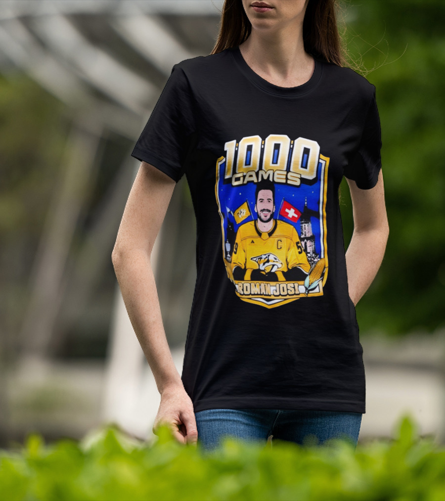 Nashville Predators Roman Josi 1000 Games Celebration NHL Captain Swiss Flag T-Shirt
