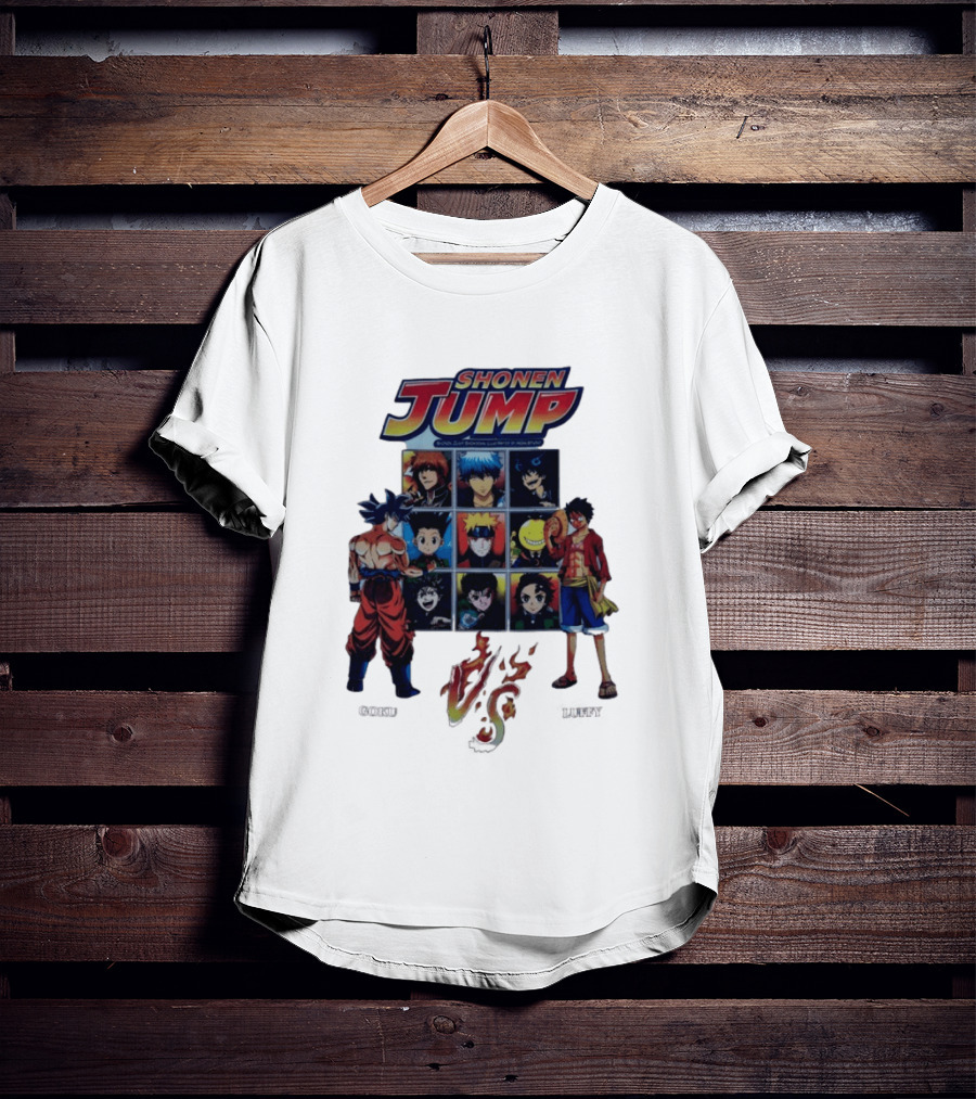 Shonen Jump Goku Luffy Anime Crossover Naruto One Piece Classic Manga Characters T-Shirt