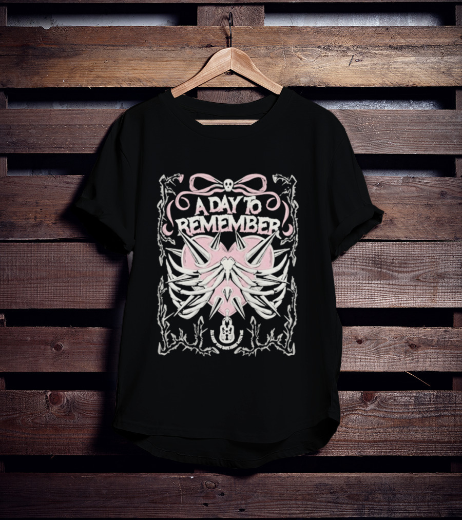 A Day To Remember Spiked Heart Pink Bow Skull Ribcage T-Shirt
