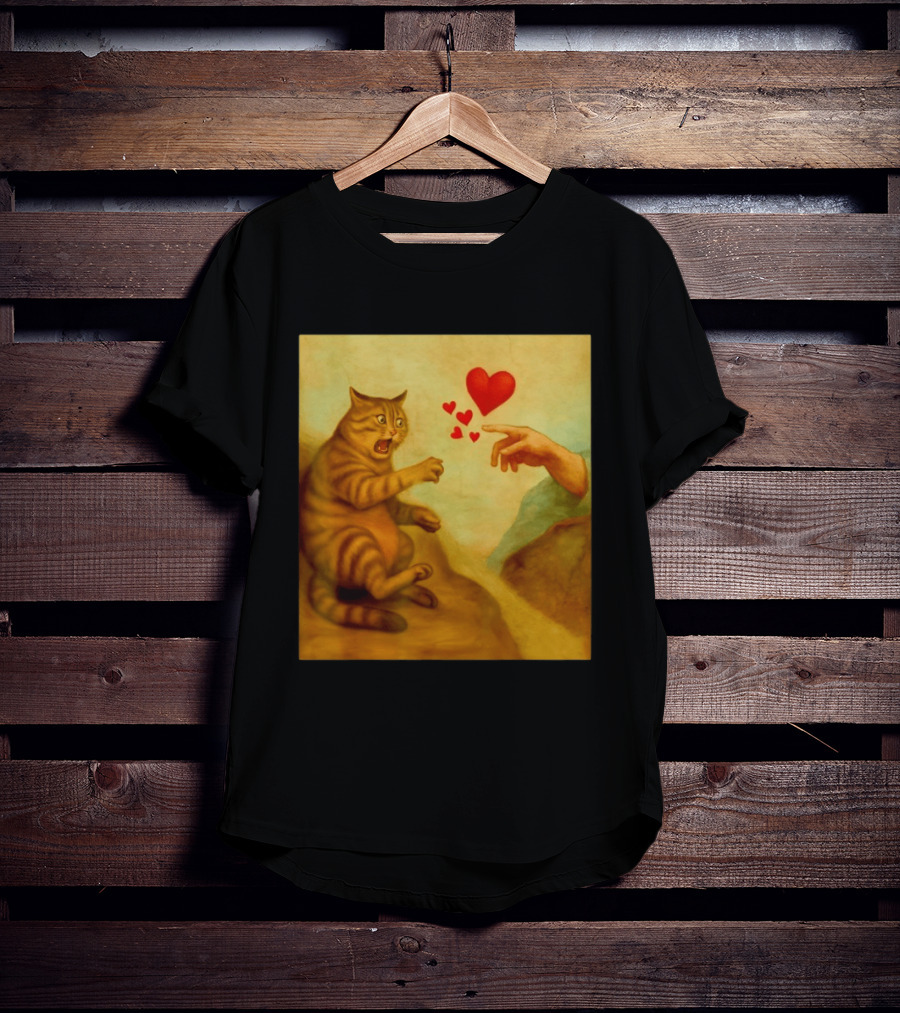 Cat Swatting God's Hand Surrounded By Hearts T-Shirt
