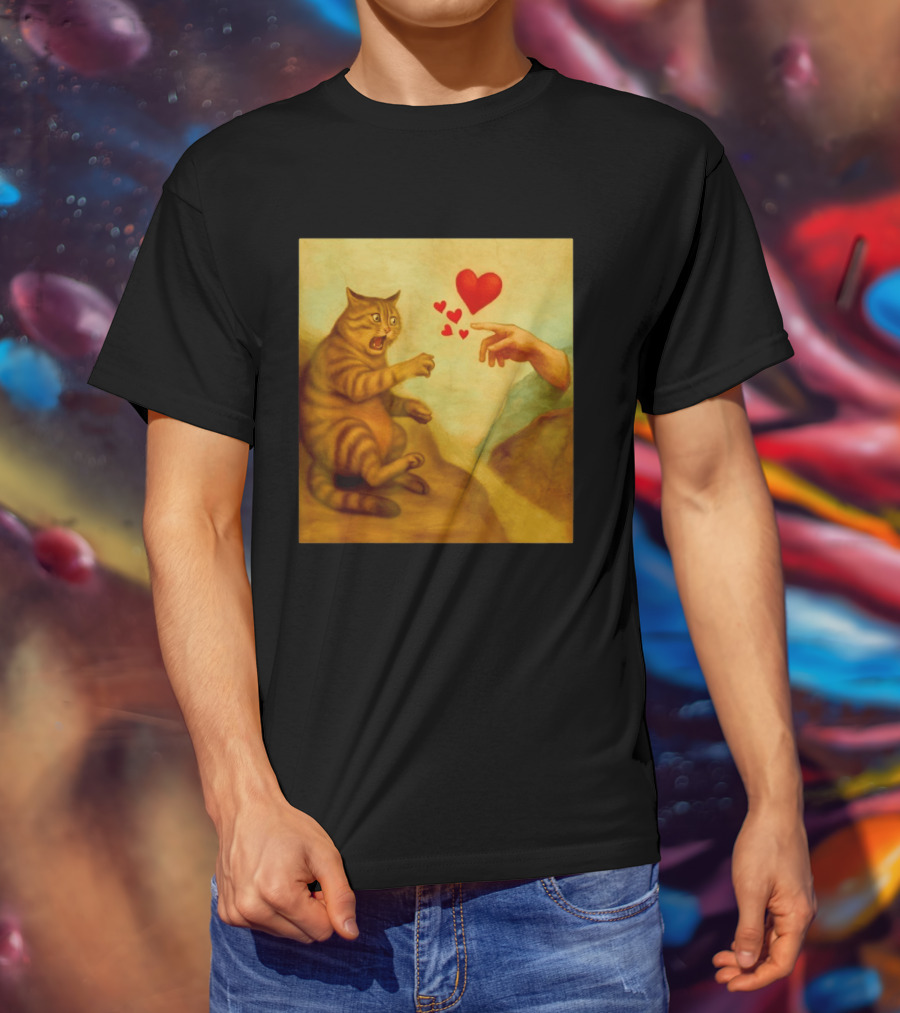 Cat Swatting God's Hand Surrounded By Hearts T-Shirt