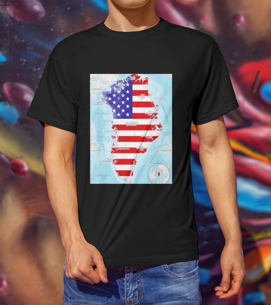 USA Flag Over Greenland Map American Patriot T-Shirt