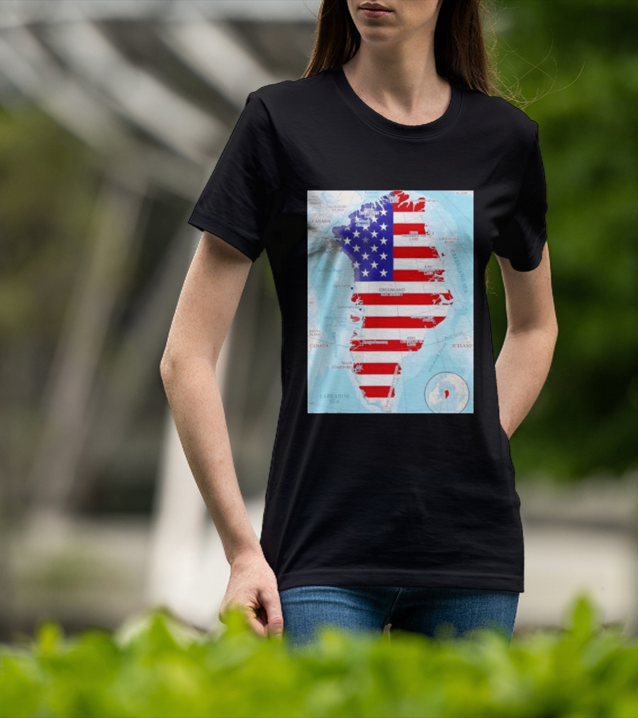 USA Flag Over Greenland Map American Patriot T-Shirt
