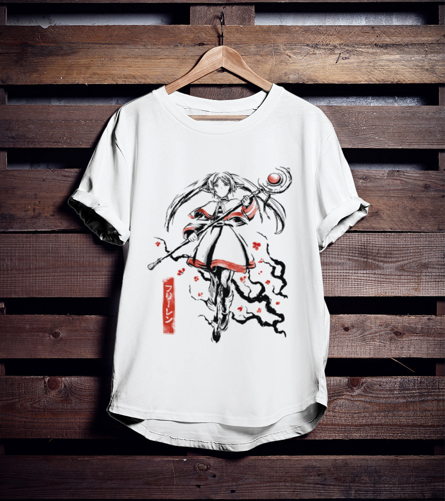 Frieren Beyond Journey's End The Eternal Mage Sumi E Style Magic Staff Blossoms T-Shirt
