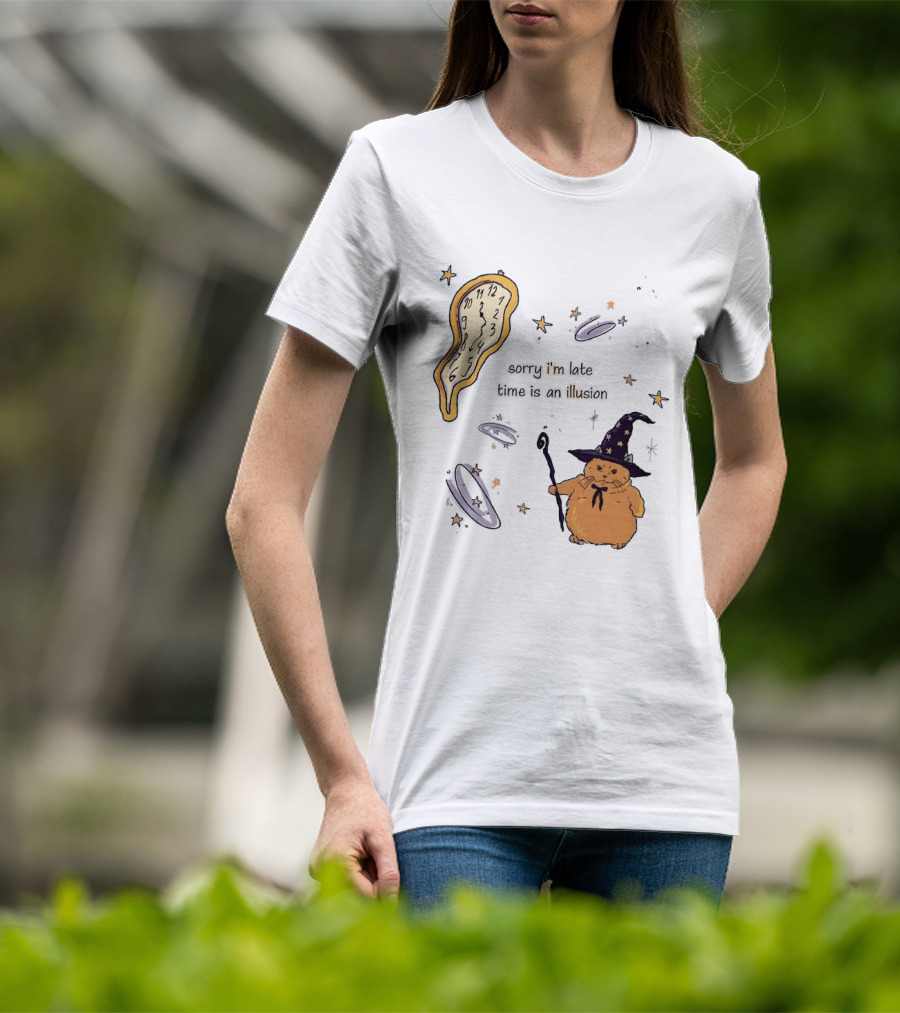Sorry I'm Late Time Is An Illusion Time Traveling Witch Cat With Melting And Magic Wand T-Shirt