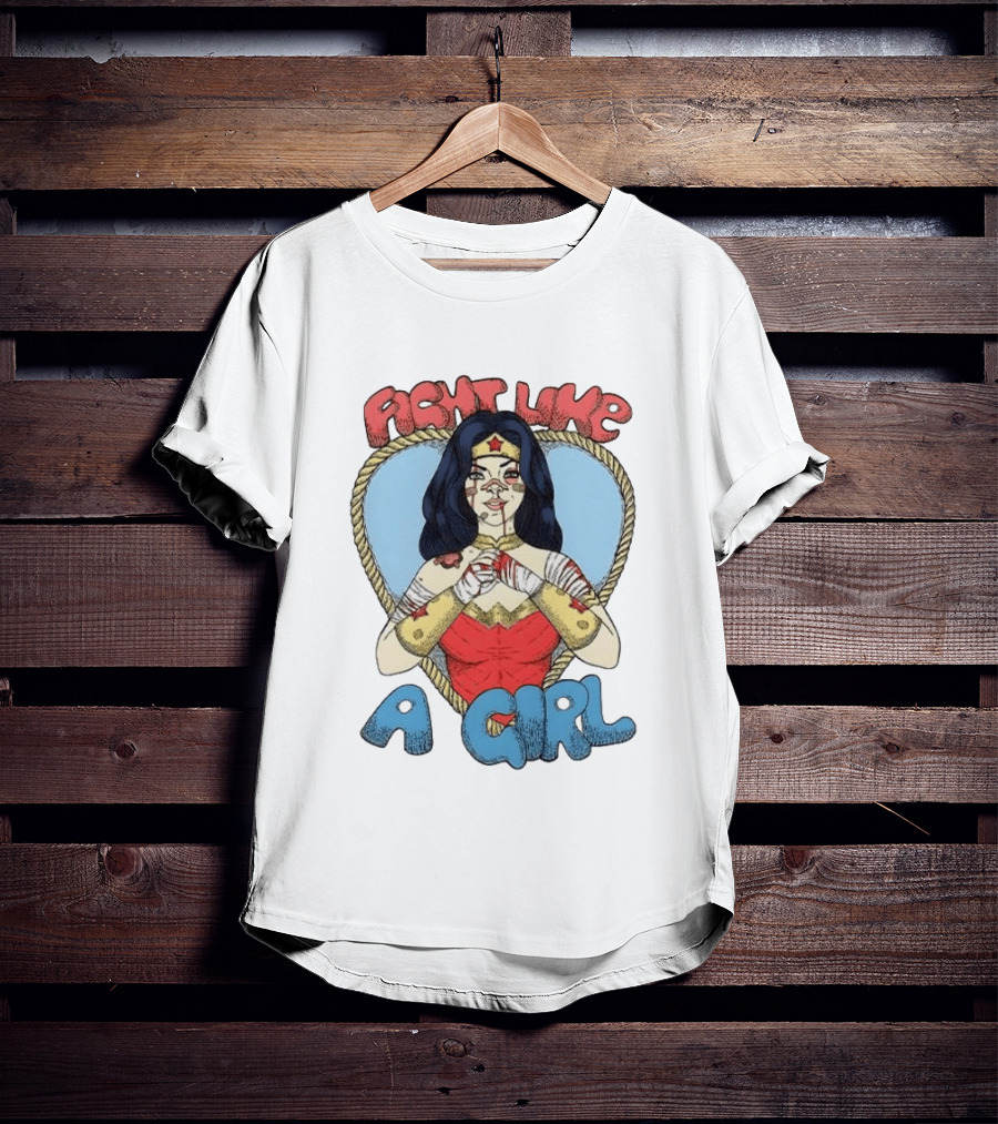 Wonder Woman Fight Like A Girl Cartoon Heart Rope Border T-Shirt