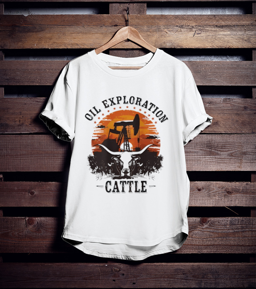 Oil Exploration Cattle Retro Vintage Pumpjack Sunset Scene T-Shirt