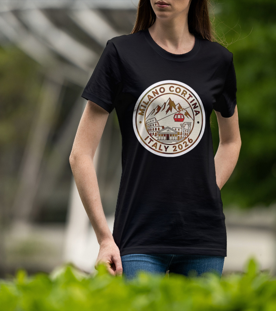 Milano Cortina Italy 2026 Winter Sports Emblem With Italian Landmarks And Mountains T-Shirt