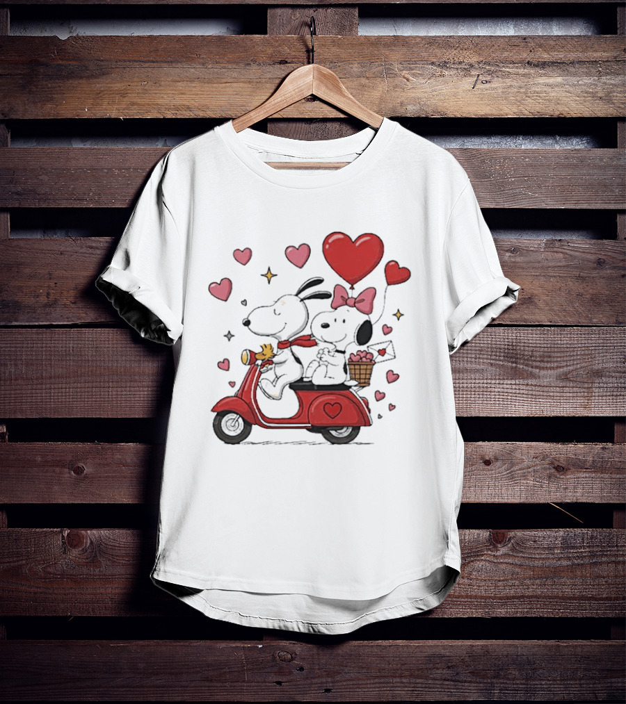 Valentines Day Snoopy Couple Riding Scooter With Hearts And Balloons T-Shirt