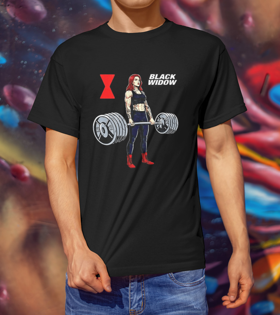 Black Widow Weightlifting Gym Workout Red Hourglass T-Shirt