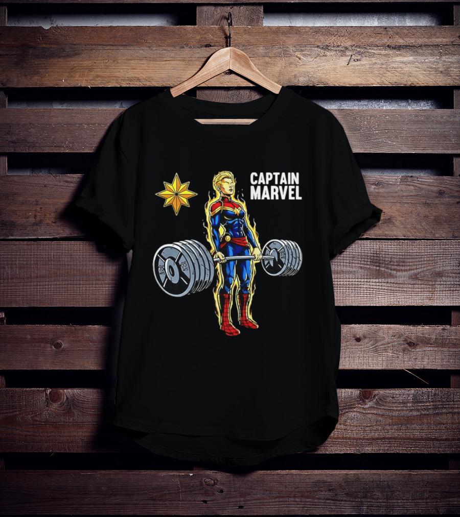 Captain Marvel Lifting Weights Gym Workout Star T-Shirt
