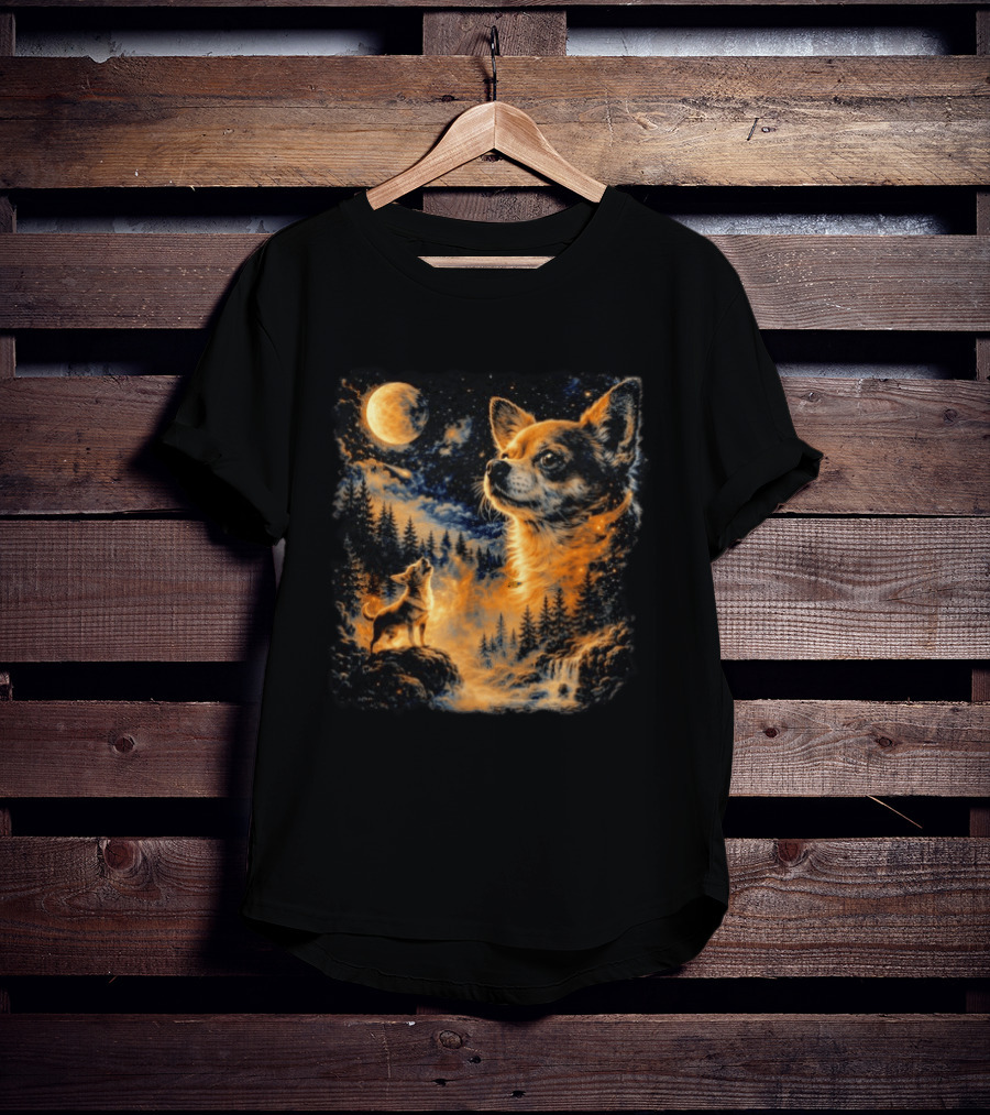 Chihuahua Howling 90s Nostalgia Moonlit Wilderness Scene T-Shirt