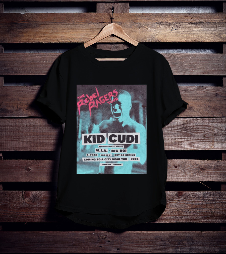 Kid Cudi The Rebel Ragers Tour 2026 Featuring M.I.A. Big Boi A Trak And Dot Da Genius T-Shirt