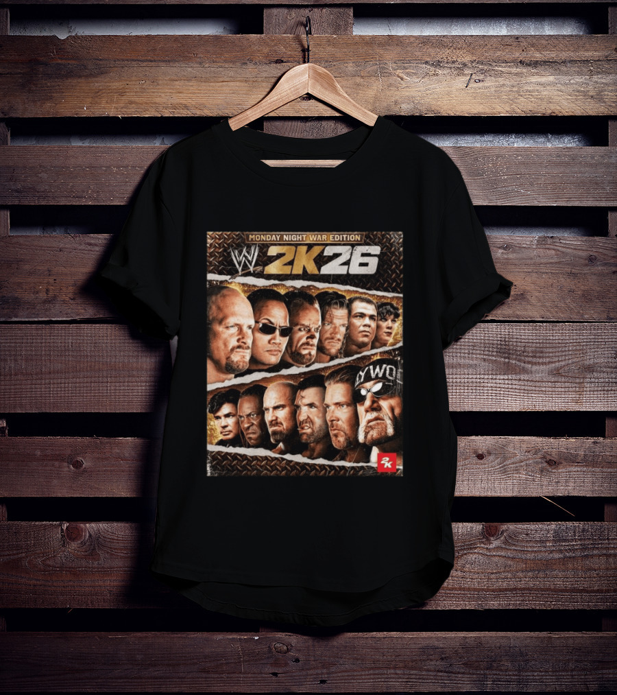 WWE 2K26 Monday Night War Edition Stone Cold Steve Austin Hollywood Hogan The Rock Shawn Michaels Triple H Cover T-Shirt