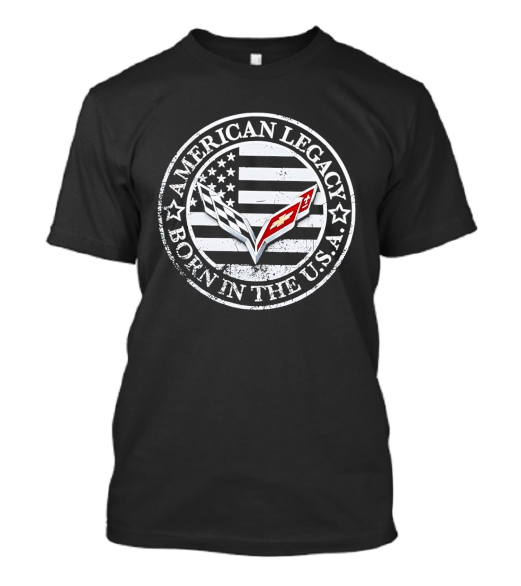 American Legacy Born In The USA Corvette Chevy Emblem Stars And Stripes T-Shirt