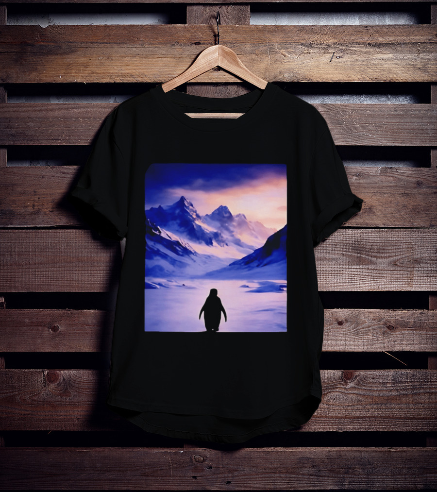 Nihilist Penguin Silhouette In Mountainous Ice Landscape T-Shirt