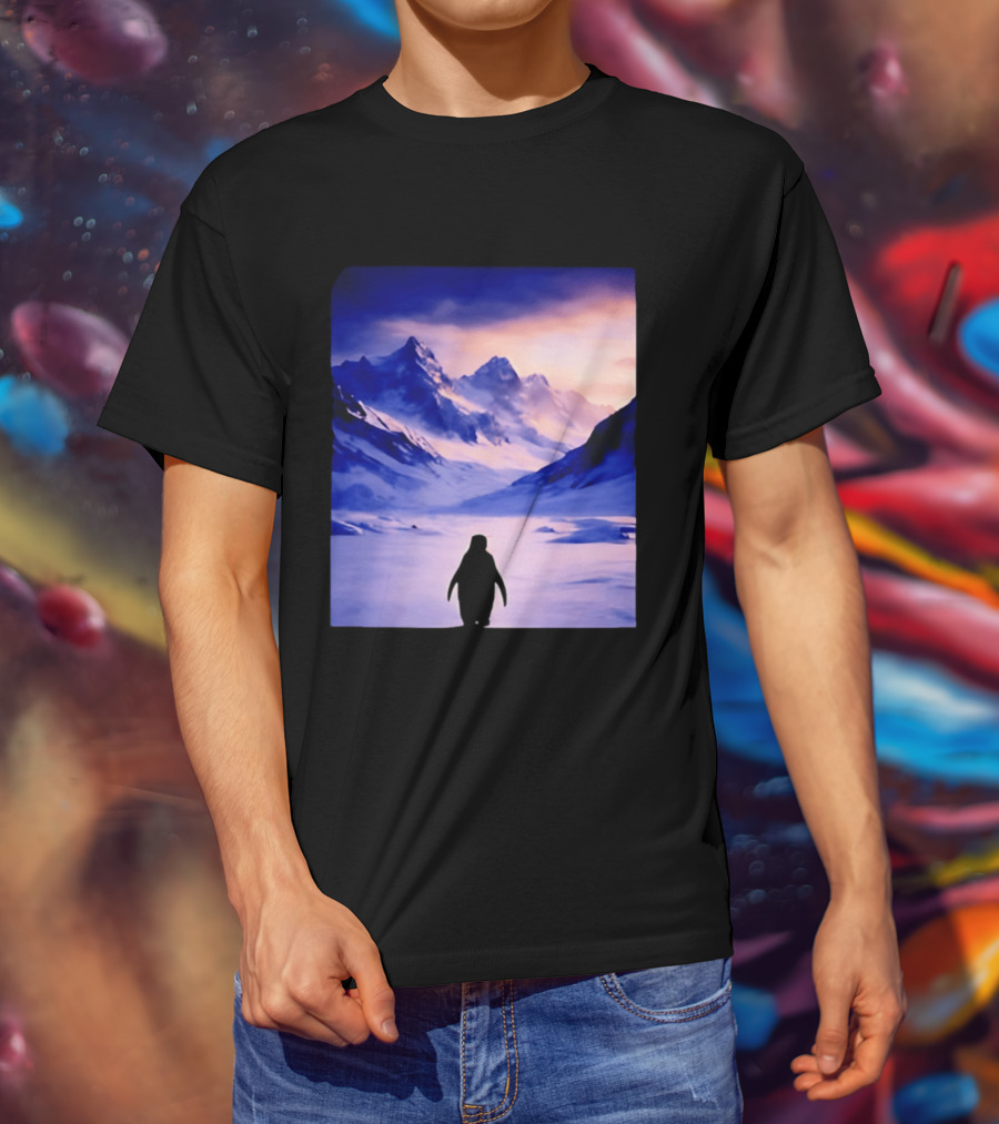 Nihilist Penguin Silhouette In Mountainous Ice Landscape T-Shirt