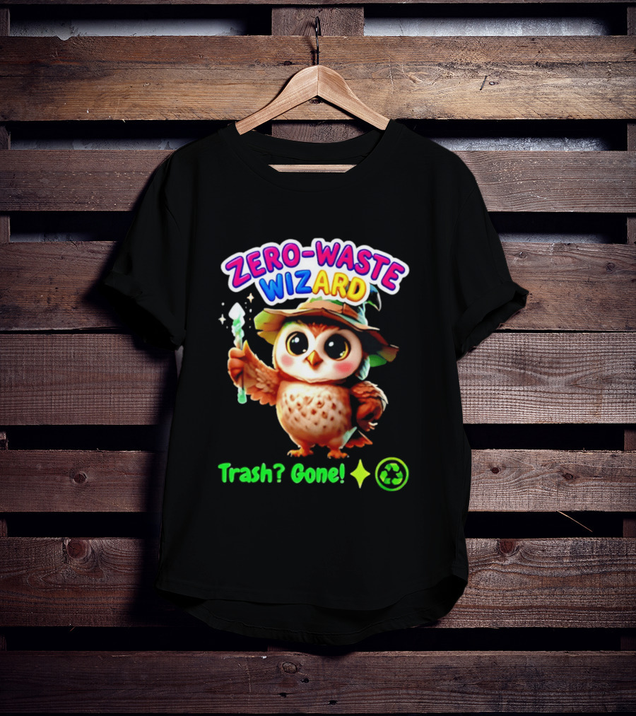 Zero Waste Wizard Owl With Magic Wand Trash Gone Recycling T-Shirt